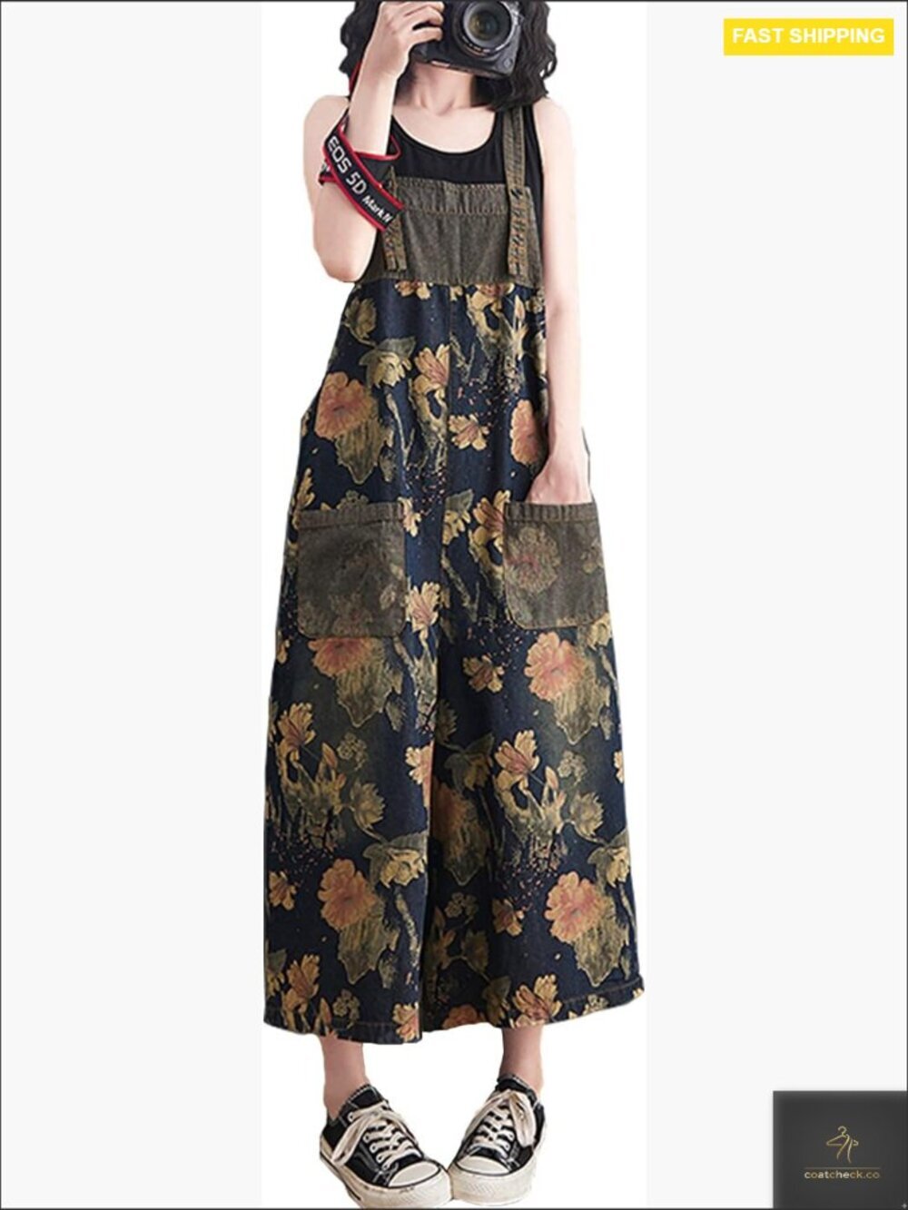 Floral Print Denim Overalls Vintage Loose Fit Baggy Jumpsuit with Pockets